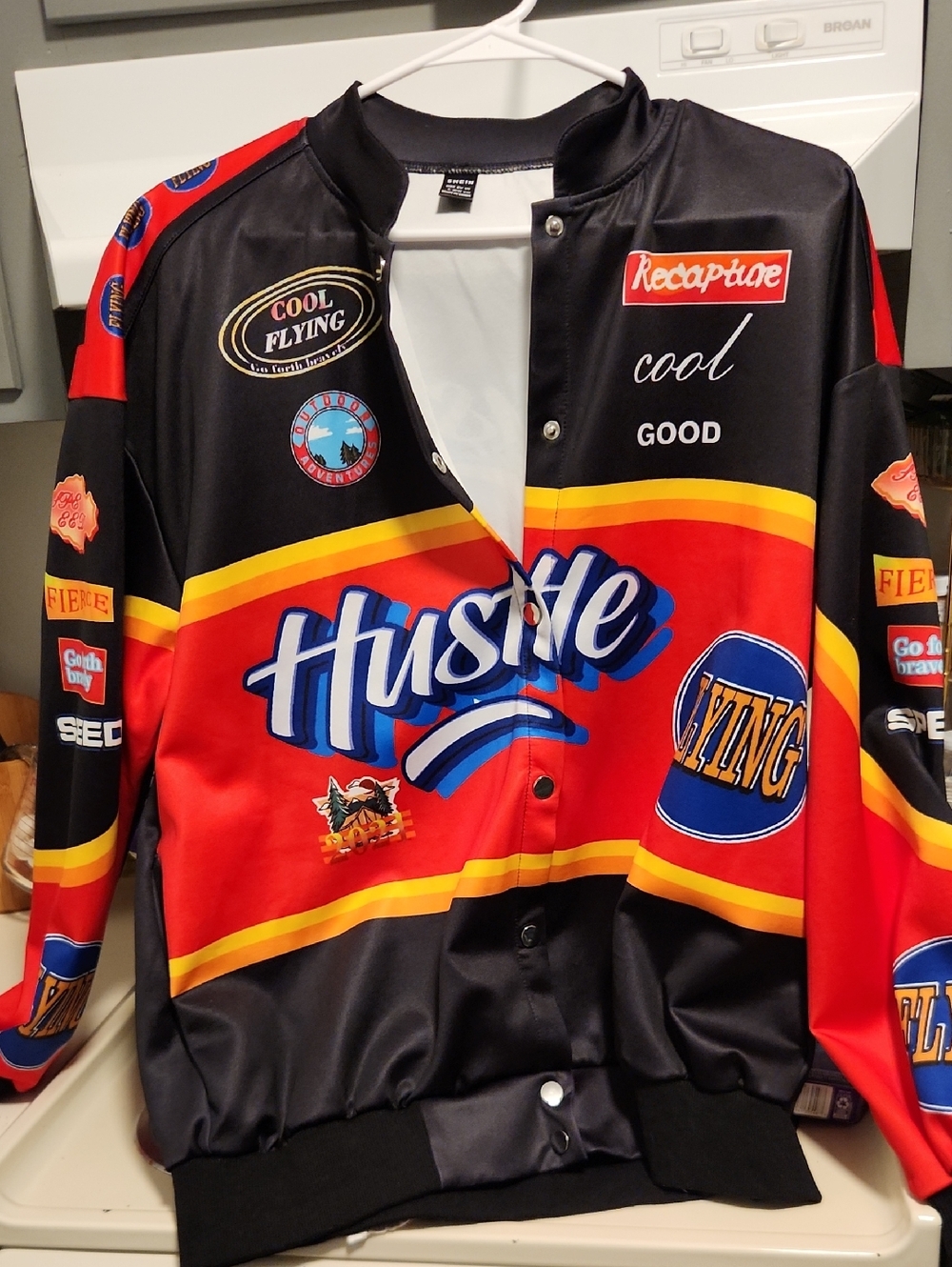 SHEIN Black, Red & Yellow 'Hustle' Racing Patchwork Bomber Jacket